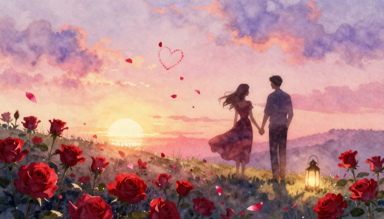 A soft and dreamy watercolor painting depicting a romantic V...