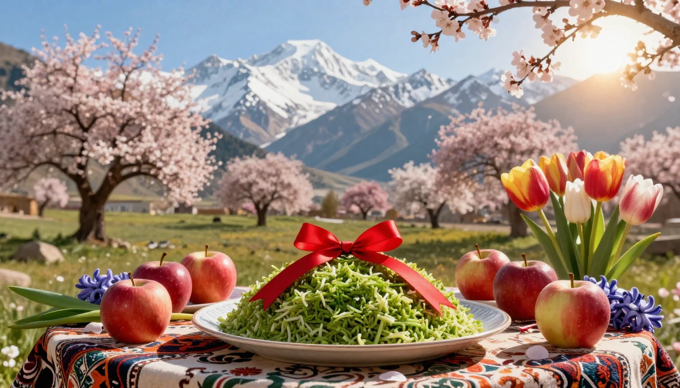 A vibrant and heartwarming scene celebrating Navruz. In the ...