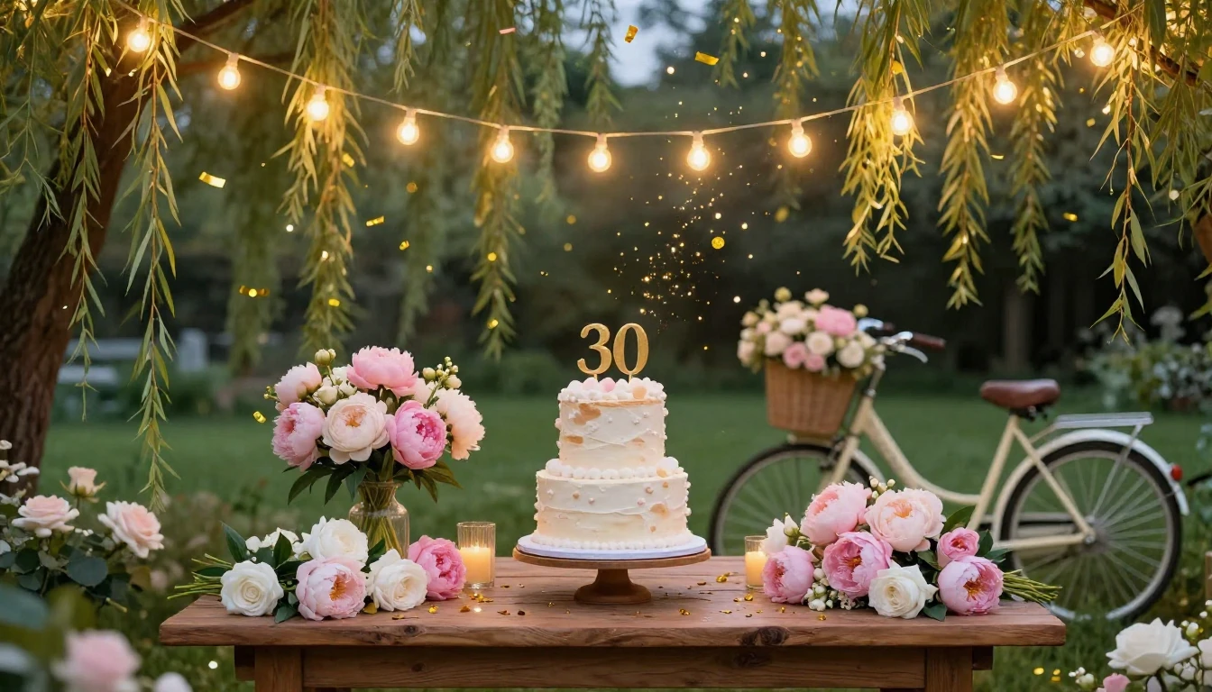 A whimsical and elegant celebration scene for a 30th birthda...