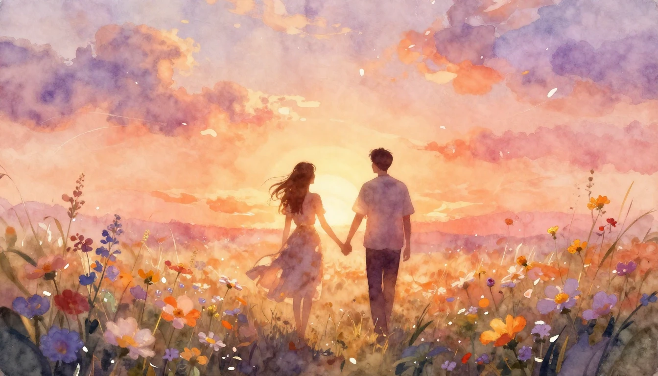 A soft and dreamy watercolor painting depicting two silhouet...