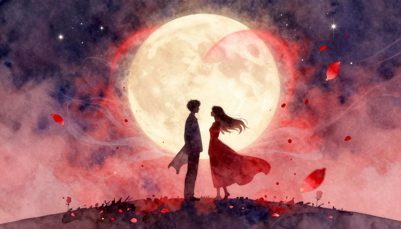 A romantic and ethereal watercolor illustration depicting tw...