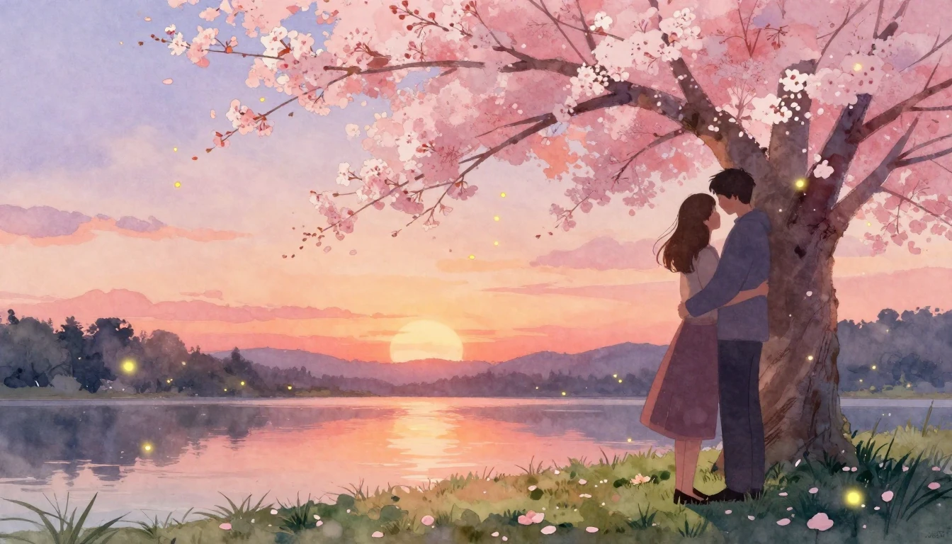 A romantic watercolor illustration of two silhouettes standi...