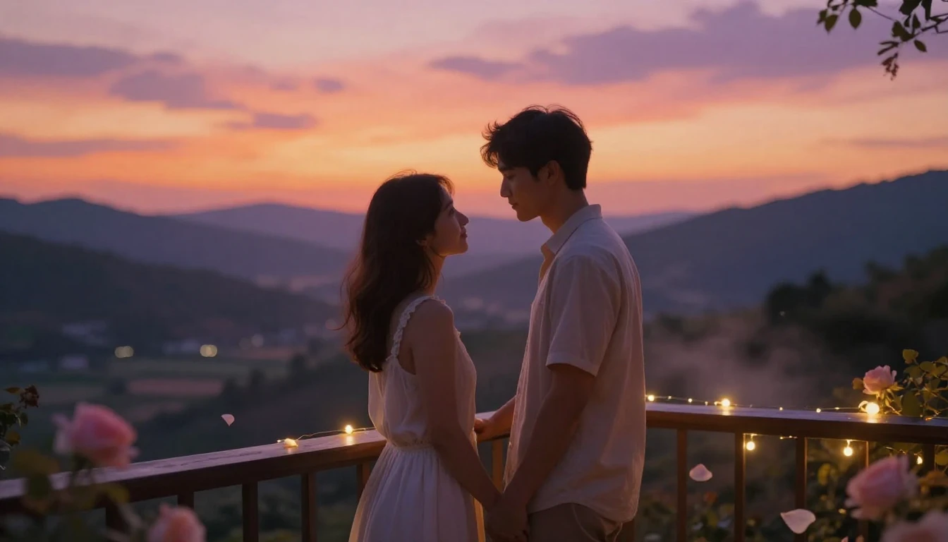 A romantic and tender scene of a couple standing on a balcon...