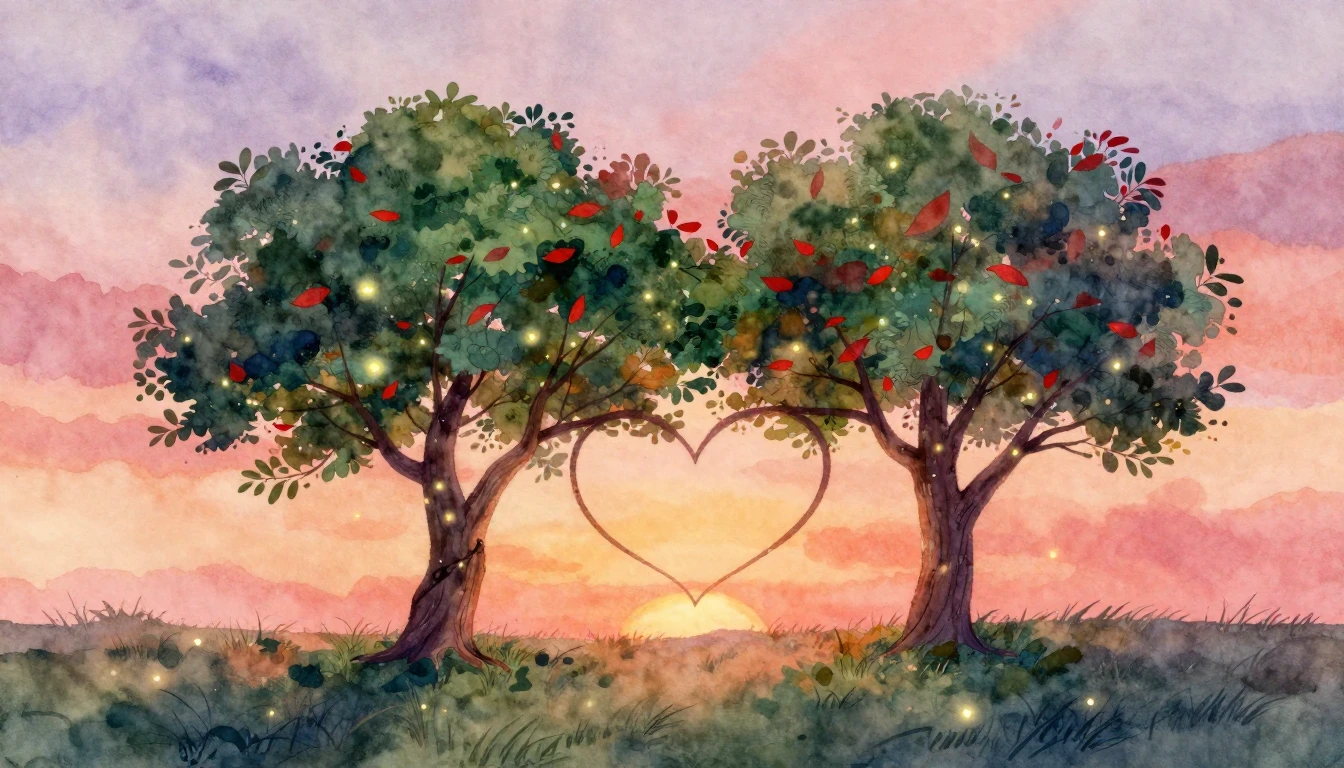 A soft and dreamy watercolor illustration depicting two inte...