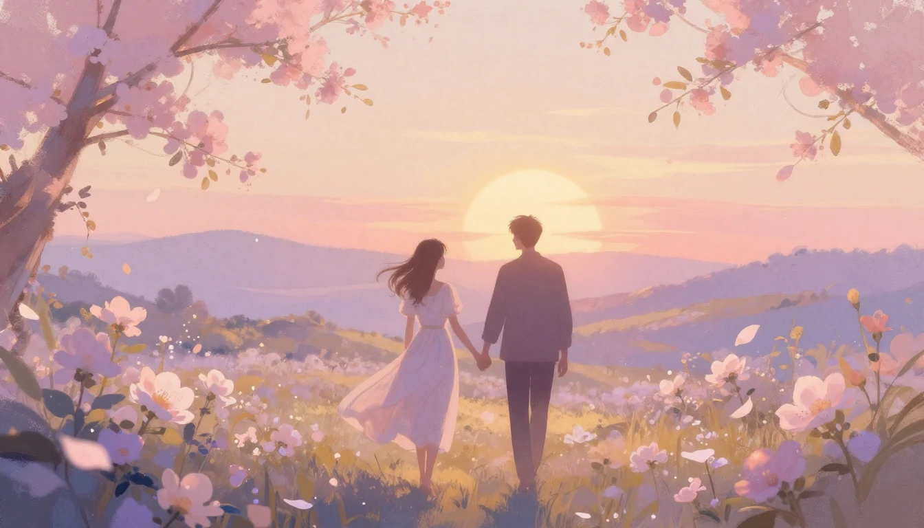 A romantic and ethereal illustration of two silhouetted figu...