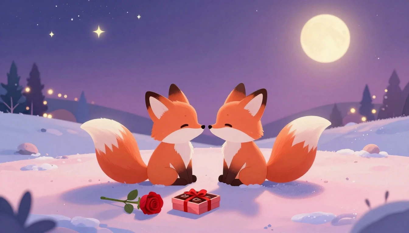 A warm and romantic Valentine's Day scene. Two cute, stylize...