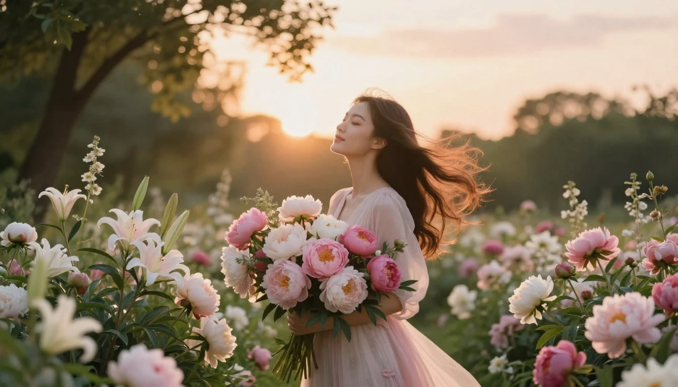 A serene and beautiful scene of a graceful woman standing in...