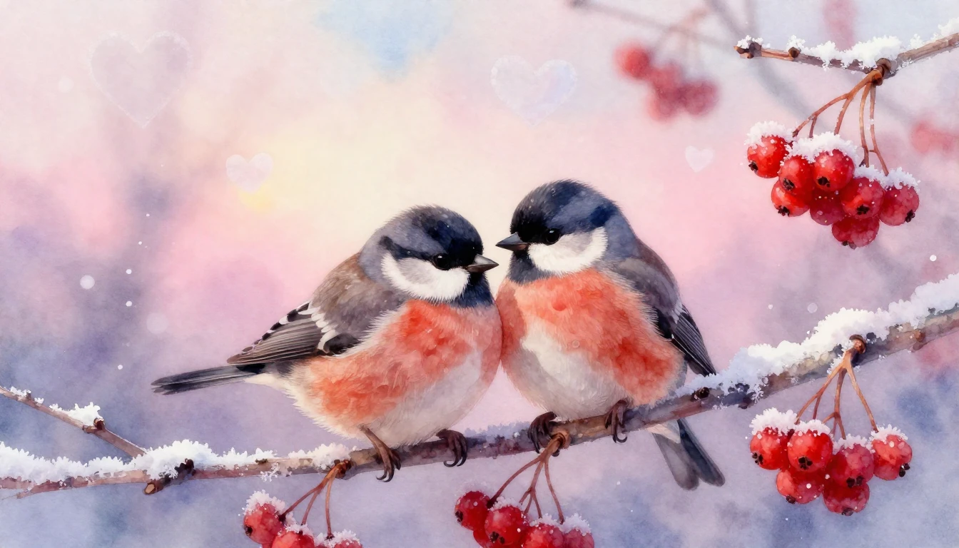 Soft and dreamy watercolor painting style. A close-up of two...