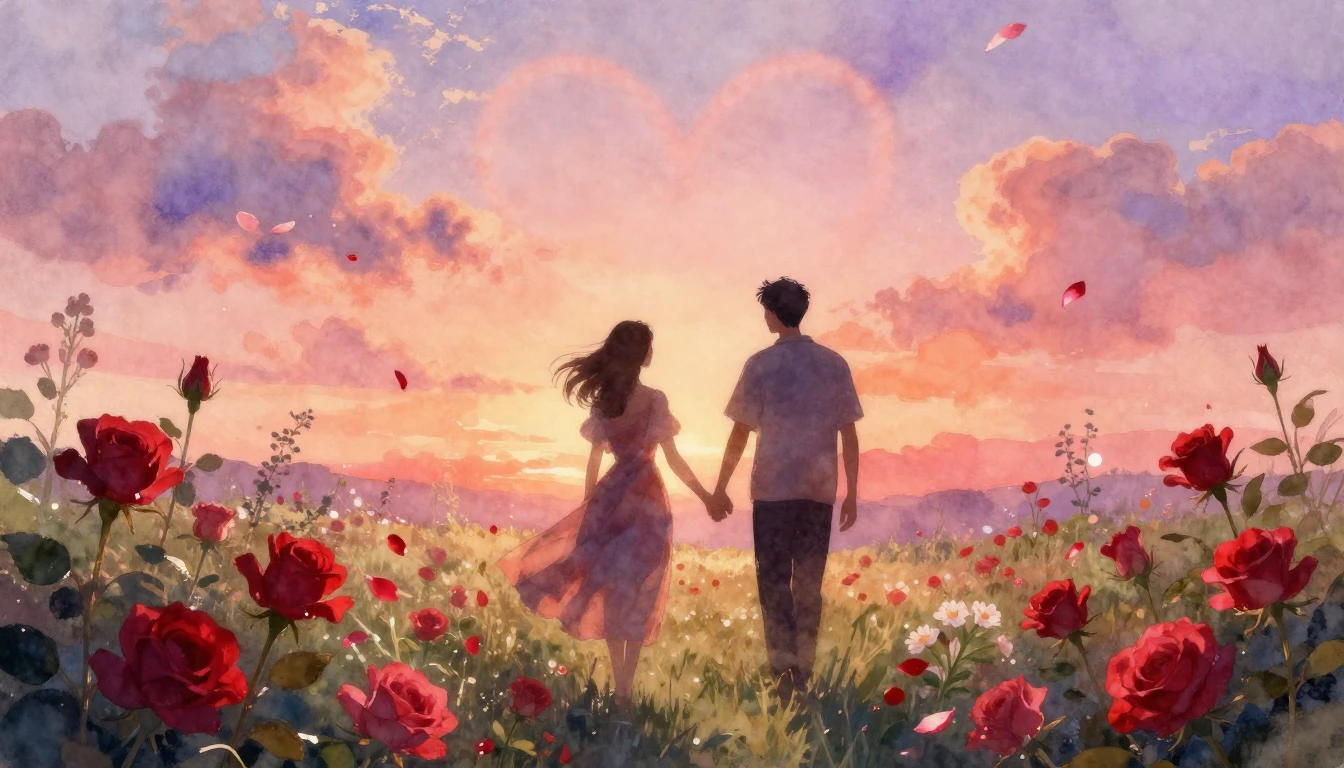 A dreamy and romantic watercolor painting depicting two silh...