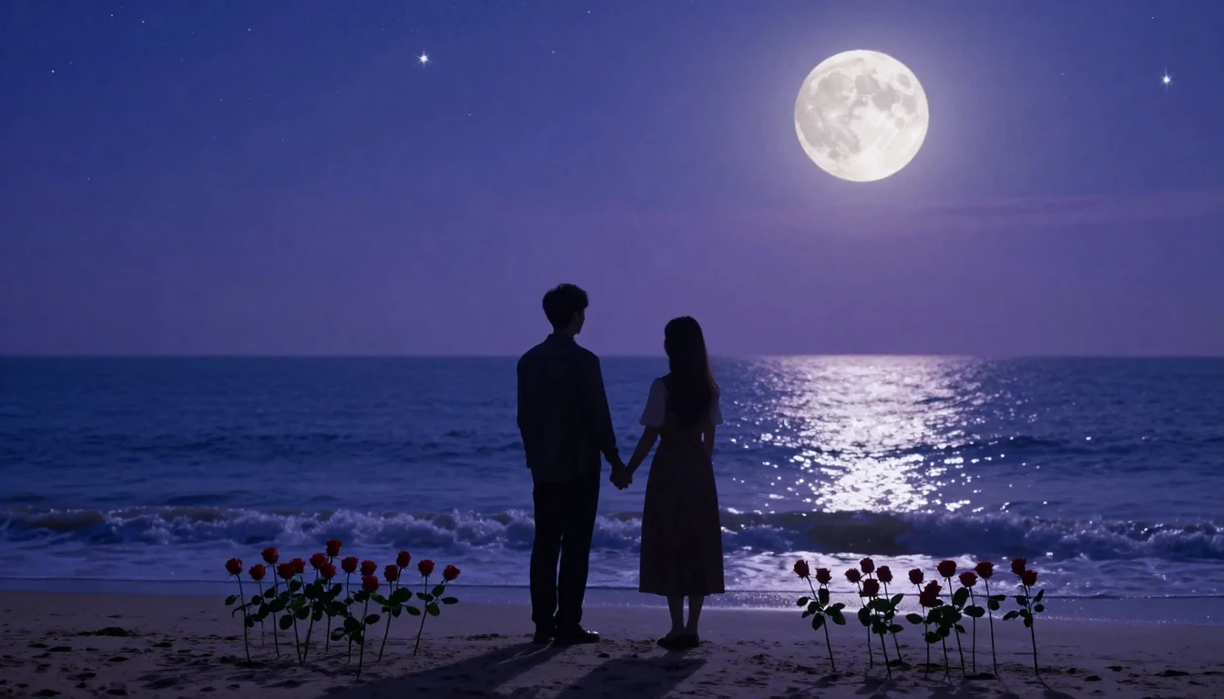 A romantic and dreamy scene depicting two silhouetted figure...