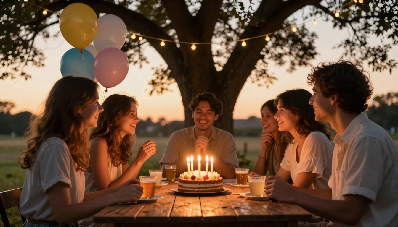 A heartwarming scene of a close-knit group of friends celebr...