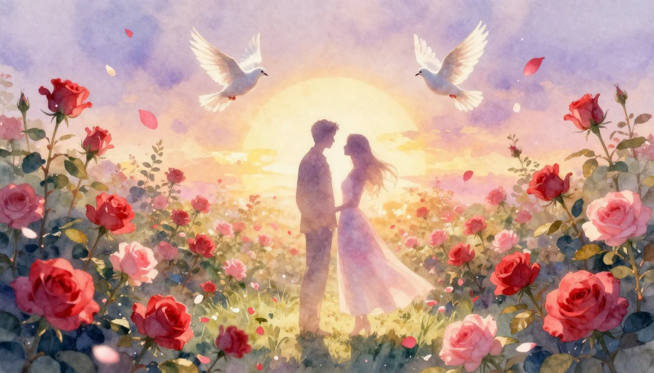 A dreamy watercolor painting depicting a romantic Valentine'...