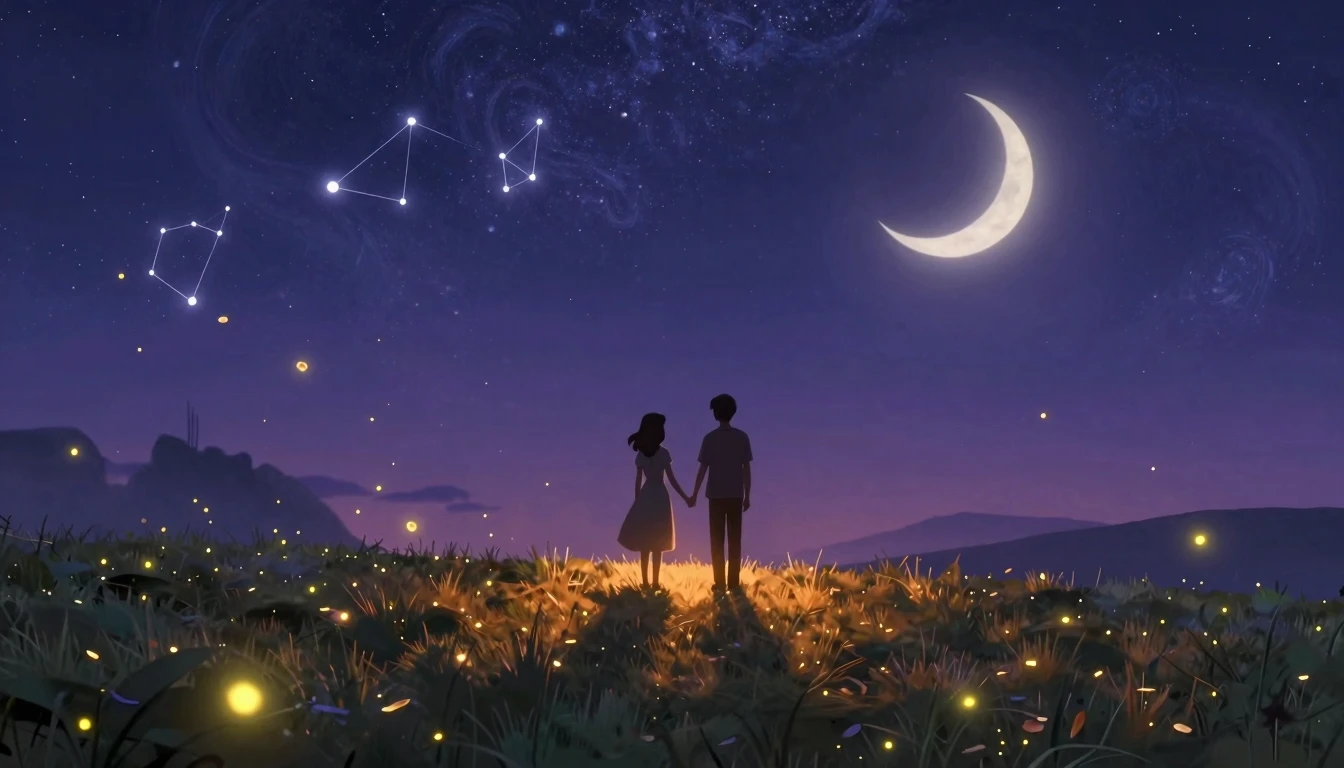 A whimsical and romantic fantasy landscape at twilight. Two ...