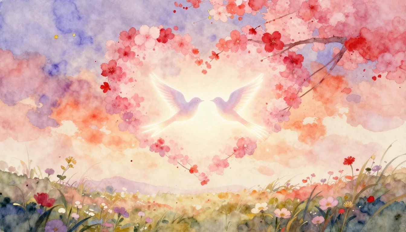 A romantic watercolor painting depicting a dreamy landscape....