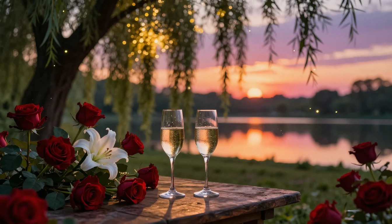 A dreamy and romantic garden scene at sunset. Two elegant gl...