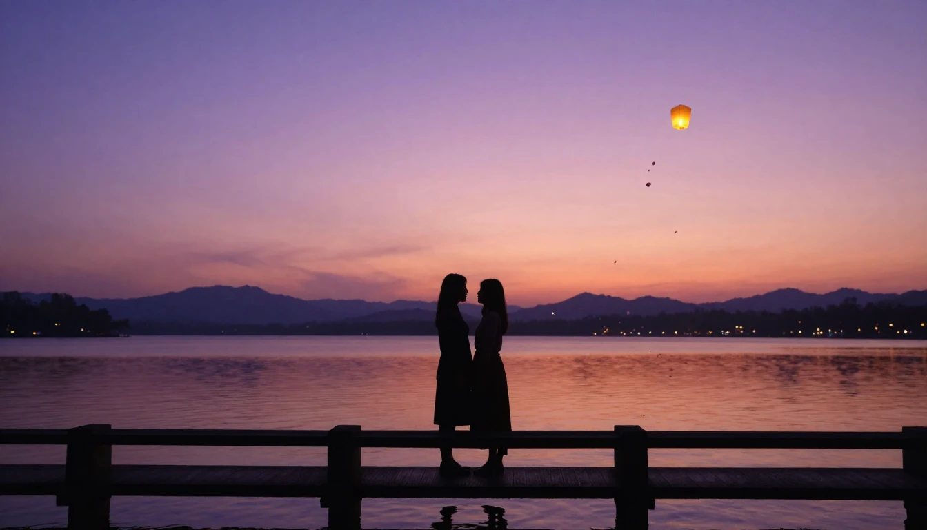 An ethereal and romantic scene featuring two silhouettes sta...