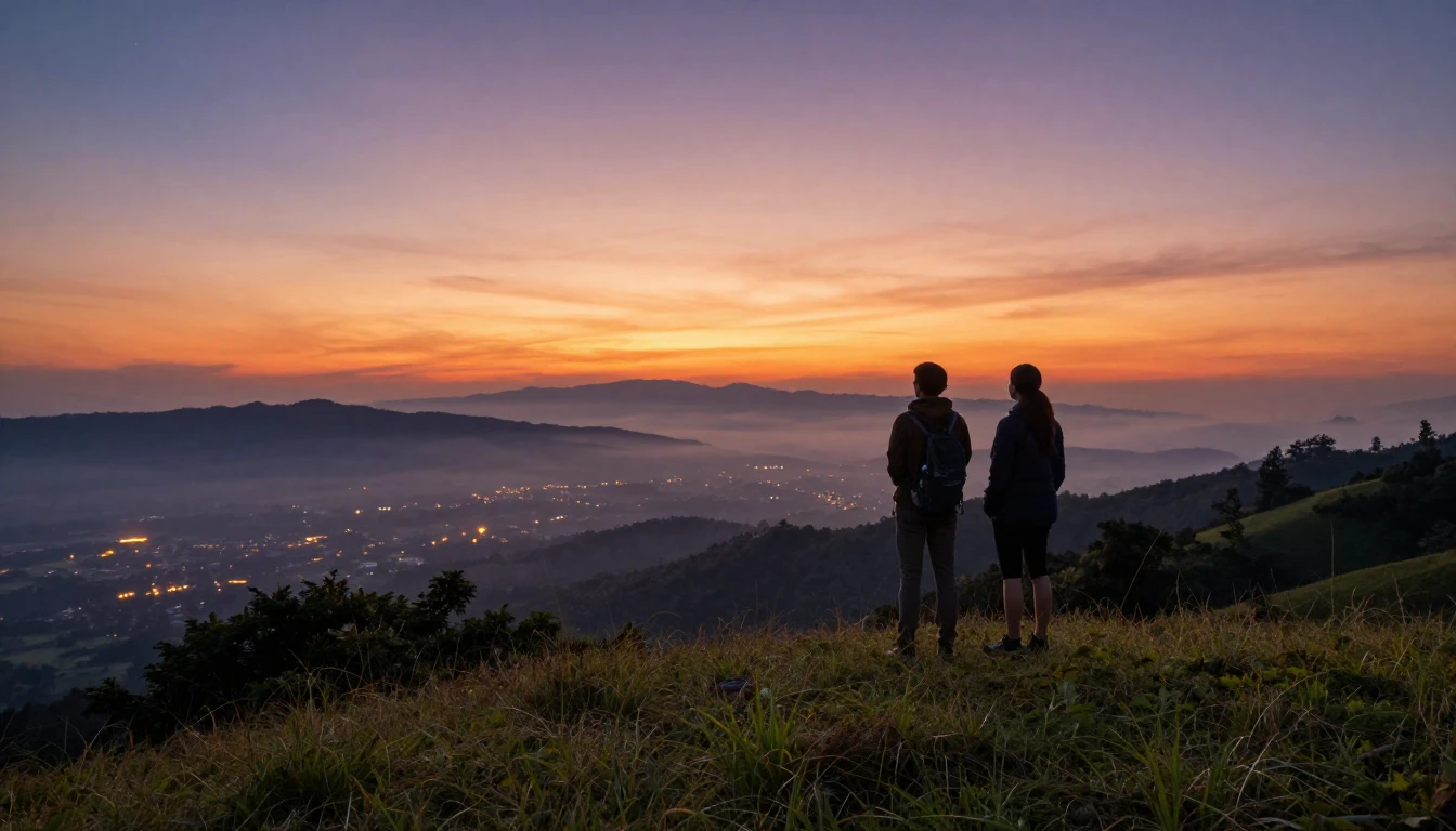A breathtaking wide shot of a scenic landscape at sunset dur...