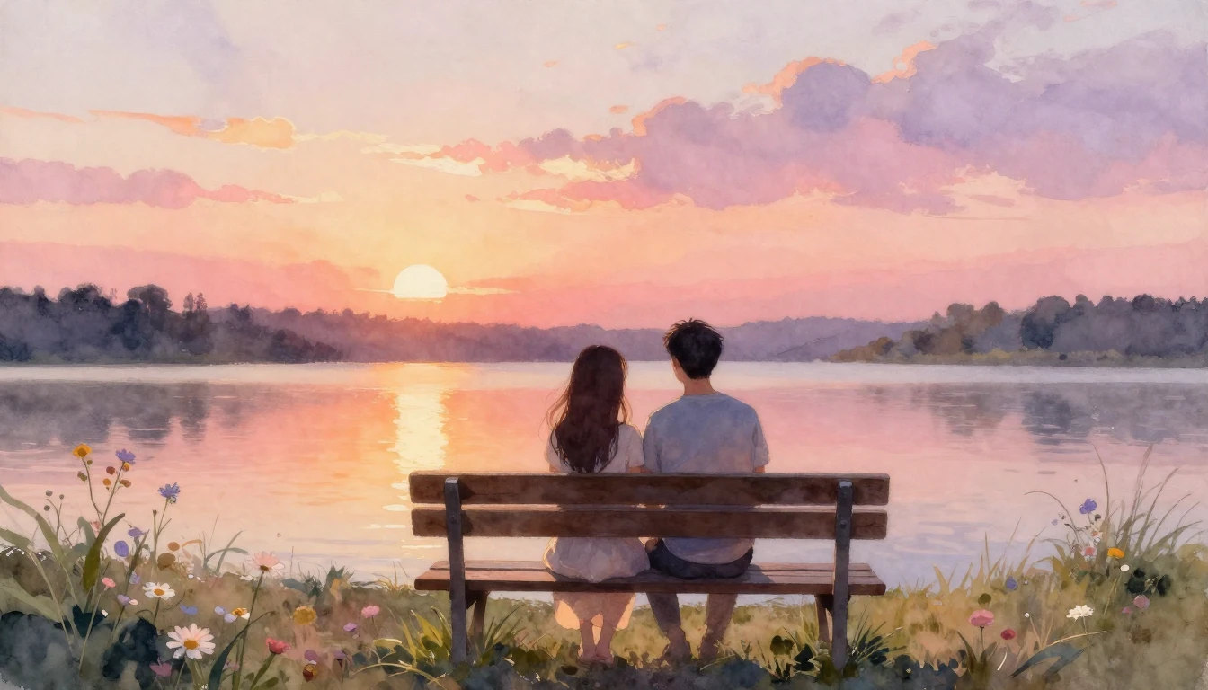 A dreamy and romantic watercolor painting depicting a couple...
