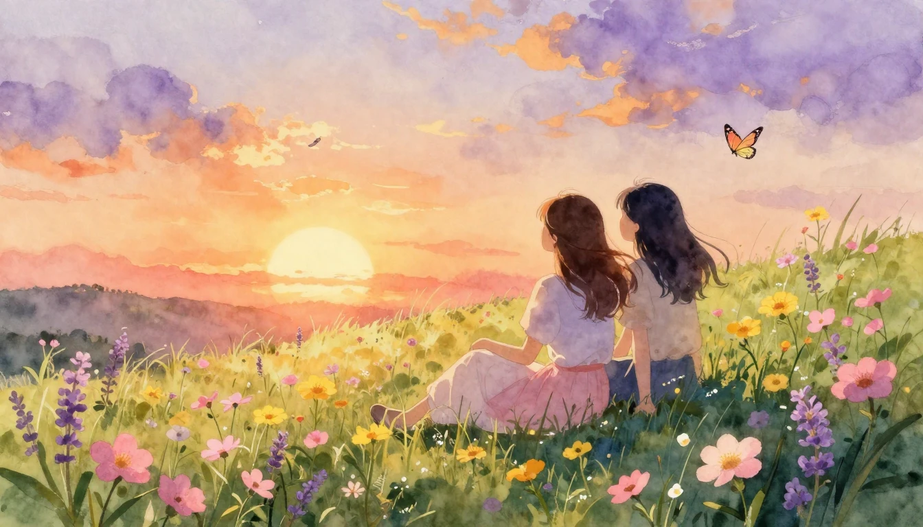 A beautiful watercolor illustration of two best friends sitt...