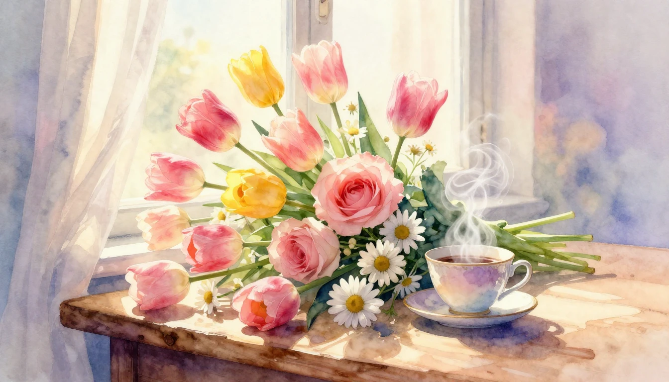 A soft and dreamy watercolor painting focusing on symbols of...