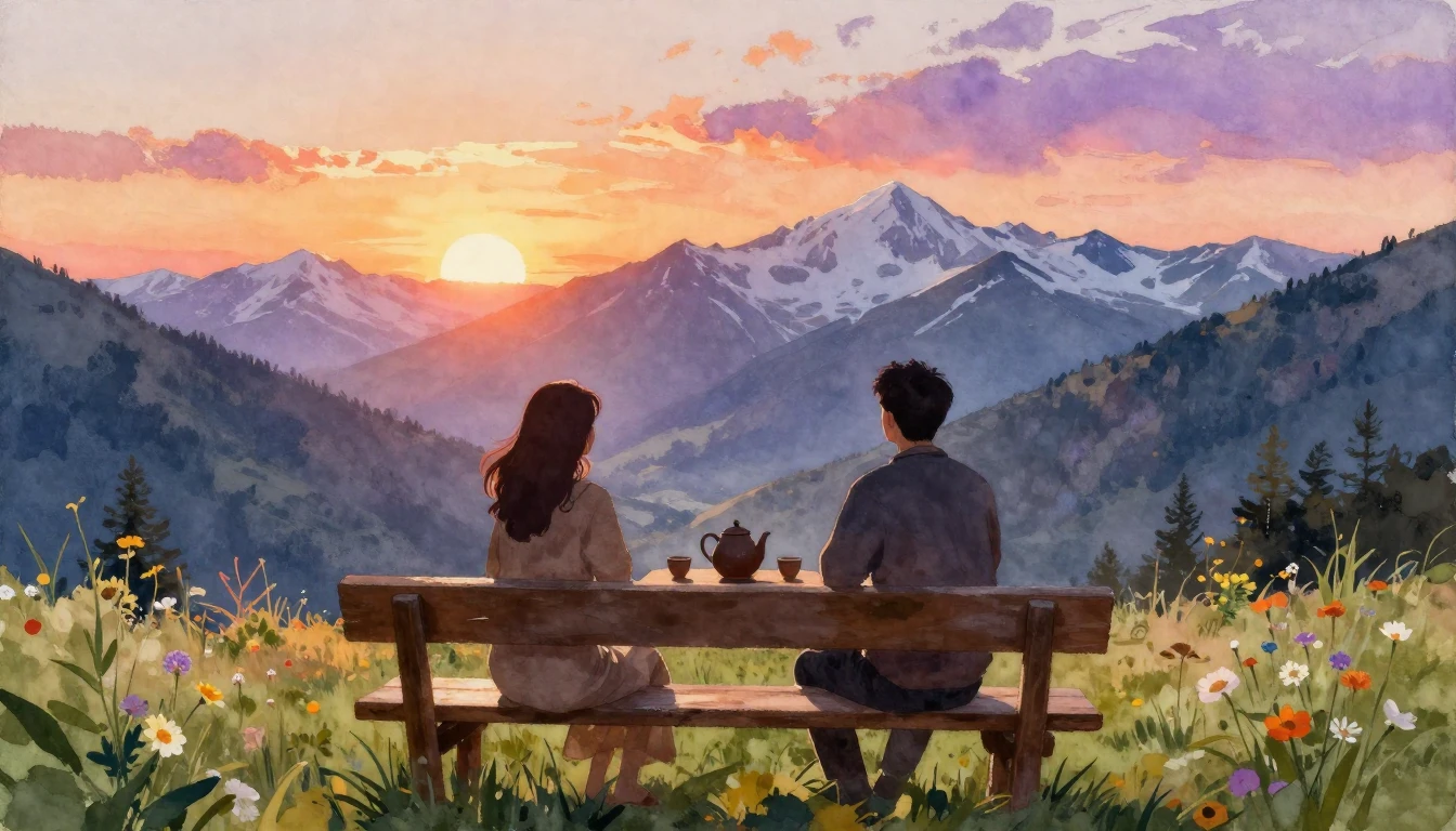 A warm and atmospheric watercolor painting depicting two sil...