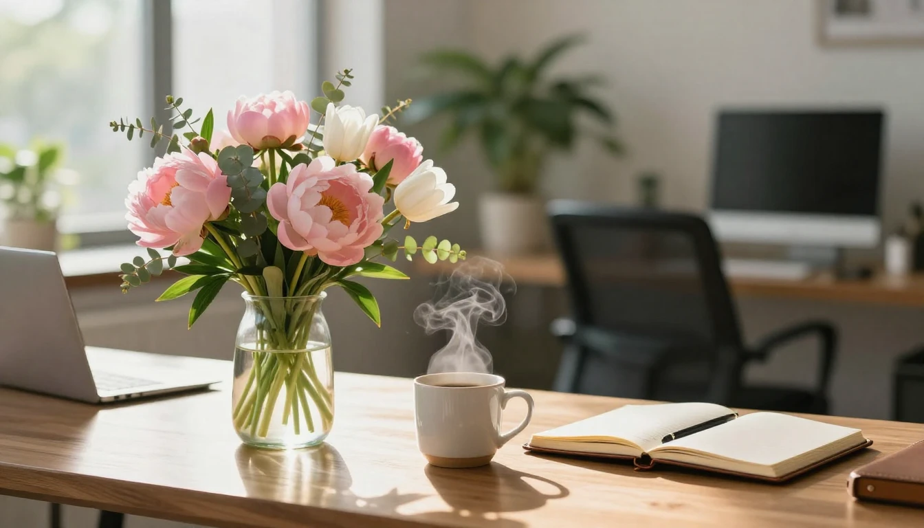 An elegant and bright modern workspace bathed in soft, golde...