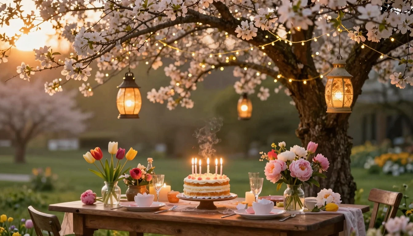 A warm and festive scene celebrating a birthday in a lush ga...