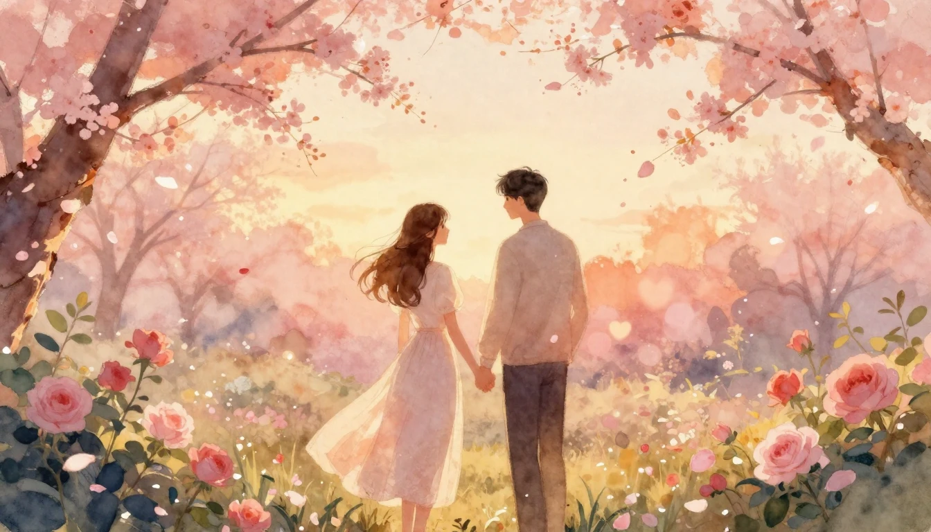 A dreamy and romantic watercolor painting of a couple standi...