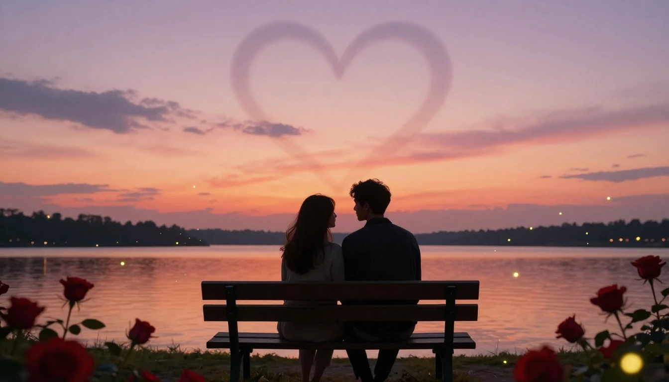 A romantic and dreamy scene featuring two silhouettes of a c...