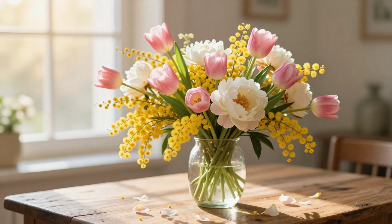 A lush and vibrant bouquet of spring flowers, including yell...