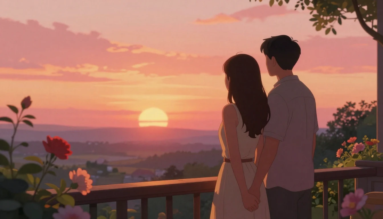 A cinematic, high-detail illustration of a romantic couple s...