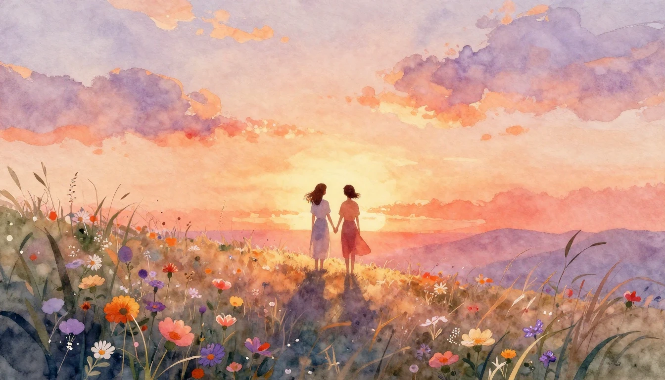 A dreamy and romantic watercolor painting of a couple standi...