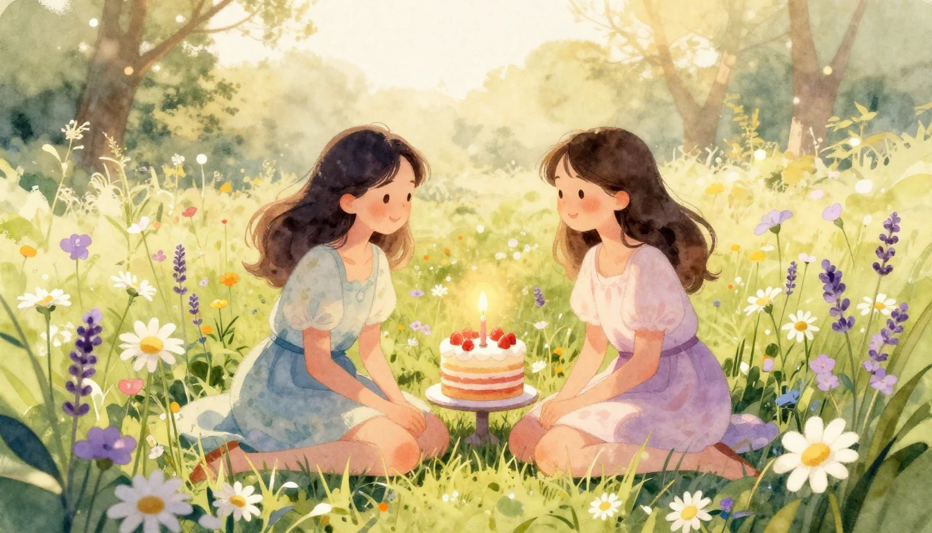 A beautiful and cozy watercolor illustration of two female f...
