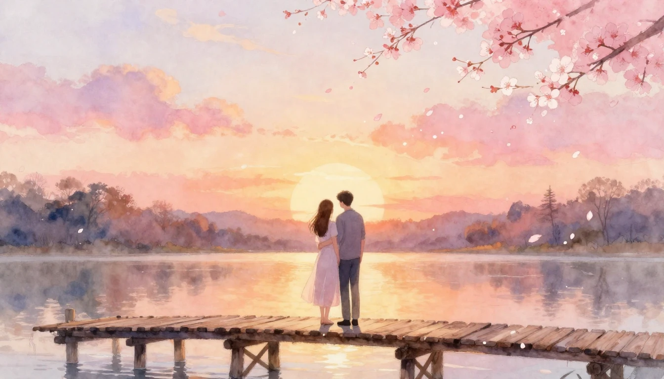 A dreamy and romantic watercolor painting depicting a couple...