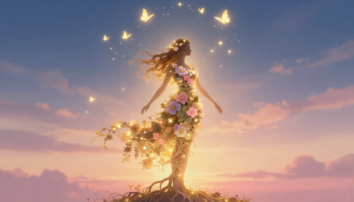 An ethereal and magical illustration of a graceful female si...