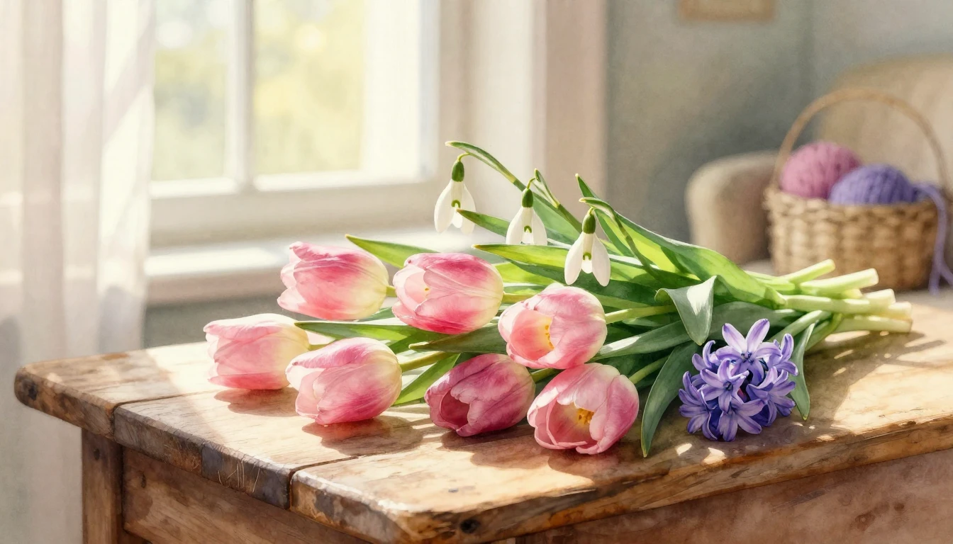 A soft and dreamy watercolor painting depicting a lush bouqu...