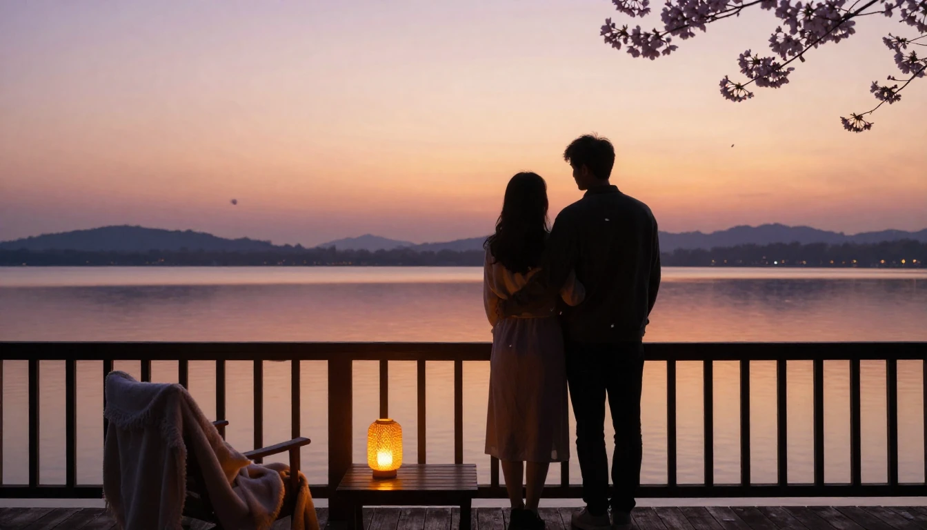 An intimate and serene scene featuring two silhouettes stand...