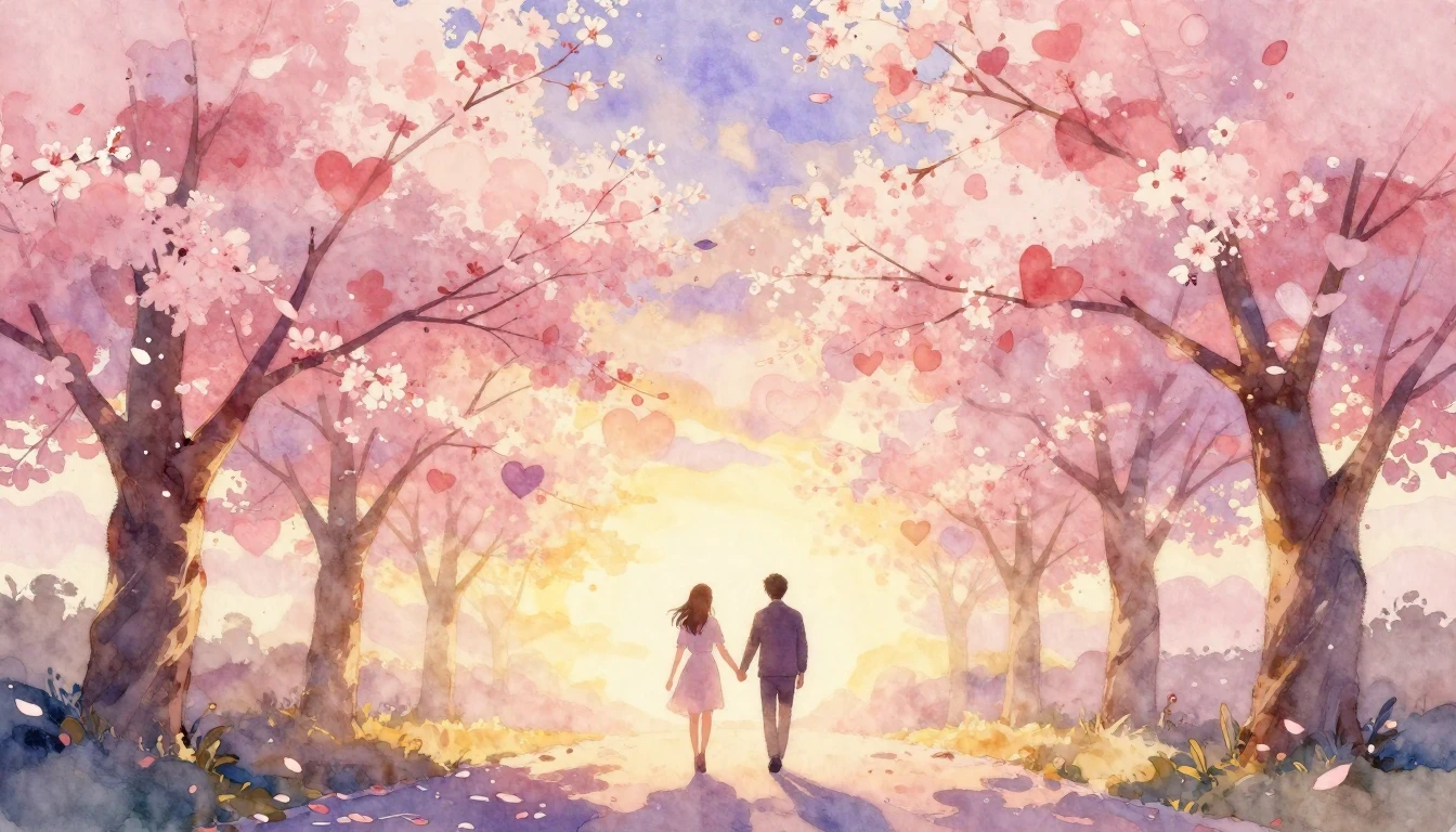 A soft and dreamy watercolor painting depicting a romantic a...