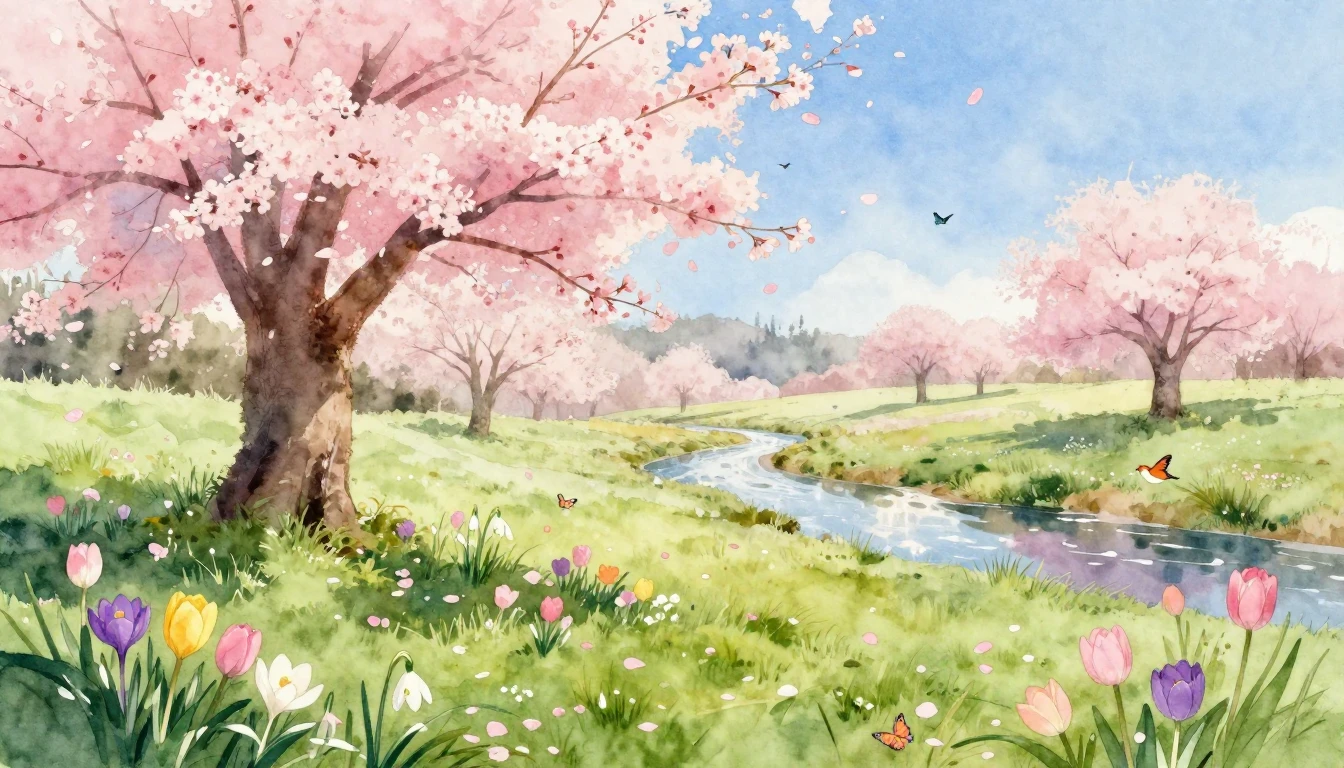 A breathtaking spring landscape depicted in soft watercolor ...
