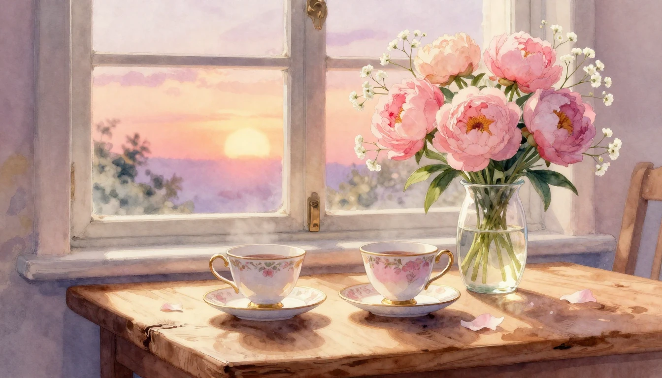 A romantic and ethereal watercolor illustration of two elega...