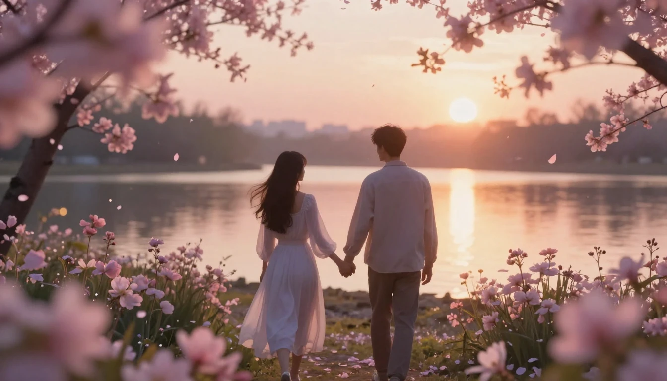 A dreamy and romantic scene featuring two delicate silhouett...