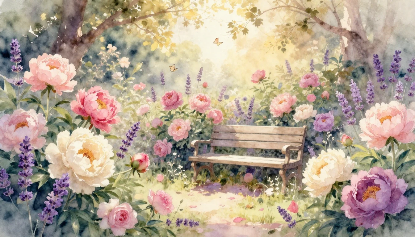 A soft watercolor painting of a lush, sun-drenched garden fi...