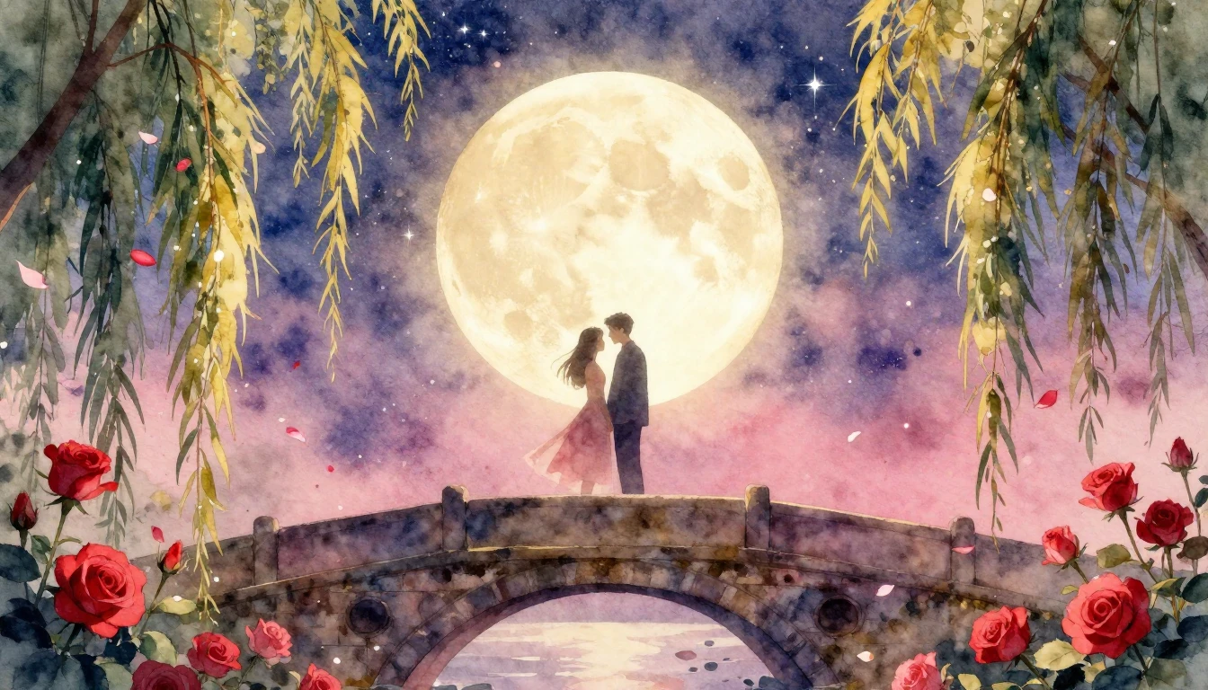 A deeply romantic and ethereal watercolor composition featur...