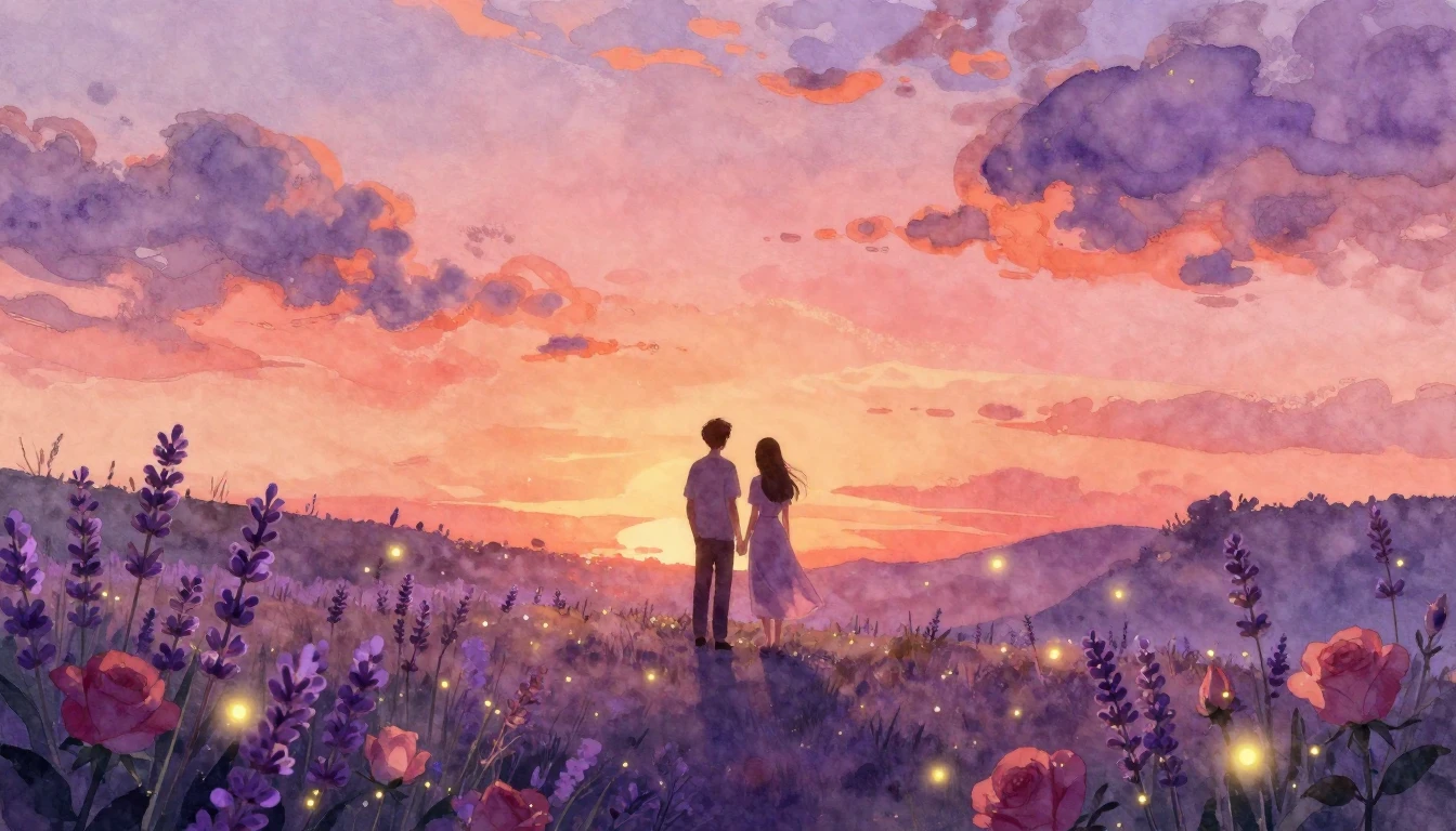 A breathtaking watercolor illustration of a romantic sunset ...