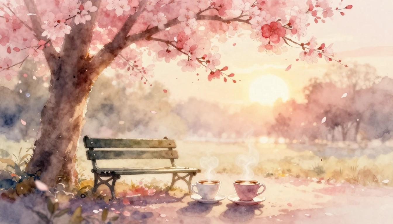 A soft and dreamy watercolor painting depicting a romantic a...