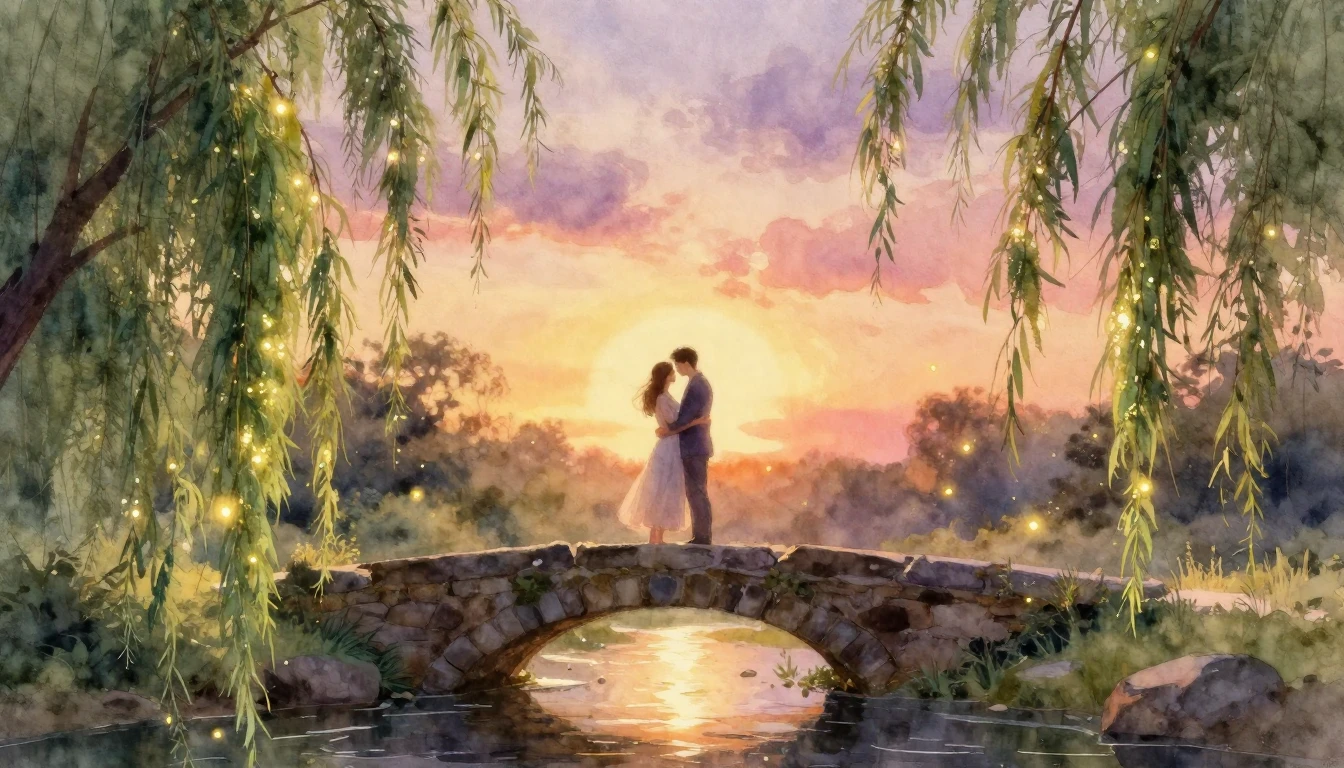 An ethereal and romantic watercolor painting depicting a cou...