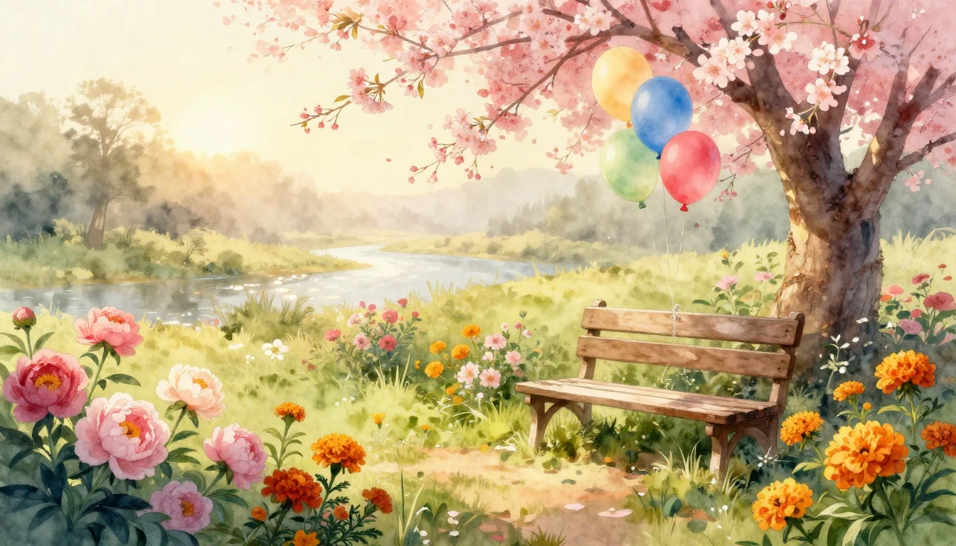 A serene and warm watercolor illustration of a lush garden a...