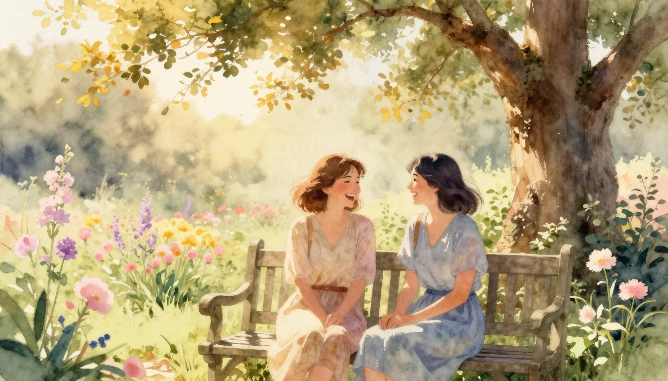 A beautiful watercolor painting of two close friends sitting...