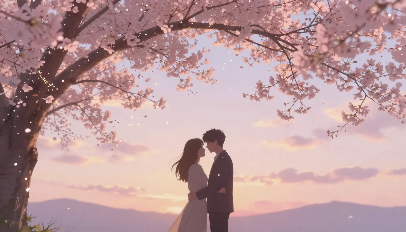 A romantic and dreamy scene featuring two silhouettes of a c...