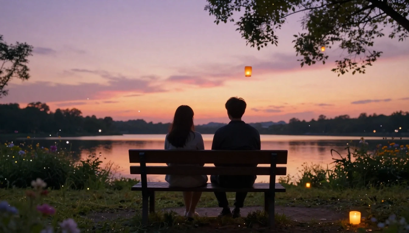 A cozy outdoor setting during golden hour, two silhouetted f...